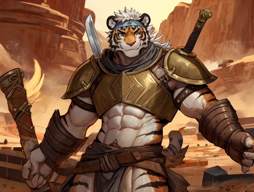 Solo Sexy anthro furry tiger desert slave ancient gladiator, slim endomorph muscular handsone model male apperance, headband, sword scars, worn out leather skimpy armament, low on hips heavy leather belt, old very worn out skimpy dirty linen material jockstrap, old yellow dirty worn out stains on white jockstrap, studded skimpy armlets breastplate armor, skimpy breastplate, leather bondages, fingerless leather gloves, smelly unwashed furr, dirty body look, desert fighting wooden cage arena, standing in sexy fighting cinematic position, close view of full character, side front view