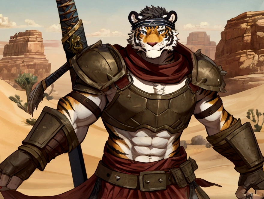 Solo Sexy anthro furry tiger desert slave ancient gladiator, slim endomorph muscular handsone model male apperance, headband, sword scars, worn out leather skimpy armament, low on hips heavy leather belt, old very worn out skimpy dirty linen material jockstrap, old yellow dirty worn out stains on white jockstrap, studded skimpy armlets breastplate armor, skimpy breastplate, leather bondages, fingerless leather gloves, smelly unwashed furr, dirty body look, desert fighting wooden cage arena, standing in sexy fighting cinematic position, close view of full character, side front view