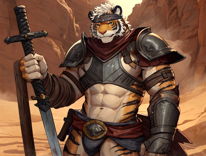 Solo Sexy anthro furry tiger desert slave ancient gladiator, slim endomorph muscular handsone model male apperance, headband, sword scars, worn out leather skimpy armament, low on hips heavy leather belt, old very worn out skimpy dirty linen material jockstrap, old yellow dirty worn out stains on white jockstrap, studded skimpy armlets breastplate armor, skimpy breastplate, leather bondages, fingerless leather gloves, smelly unwashed furr, dirty body look, desert fighting wooden cage arena, standing in sexy fighting cinematic position, close view of full character, side front view