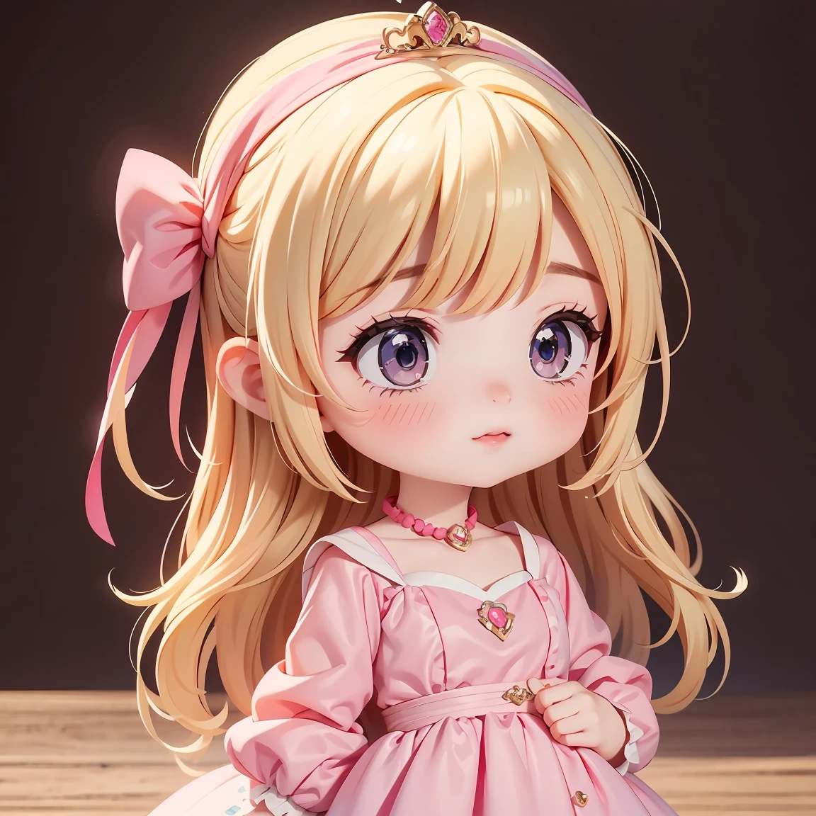 Chibi Character、Body size is the same as face、Blonde Hair、Cute 7 year old girl、pink cinderella dress