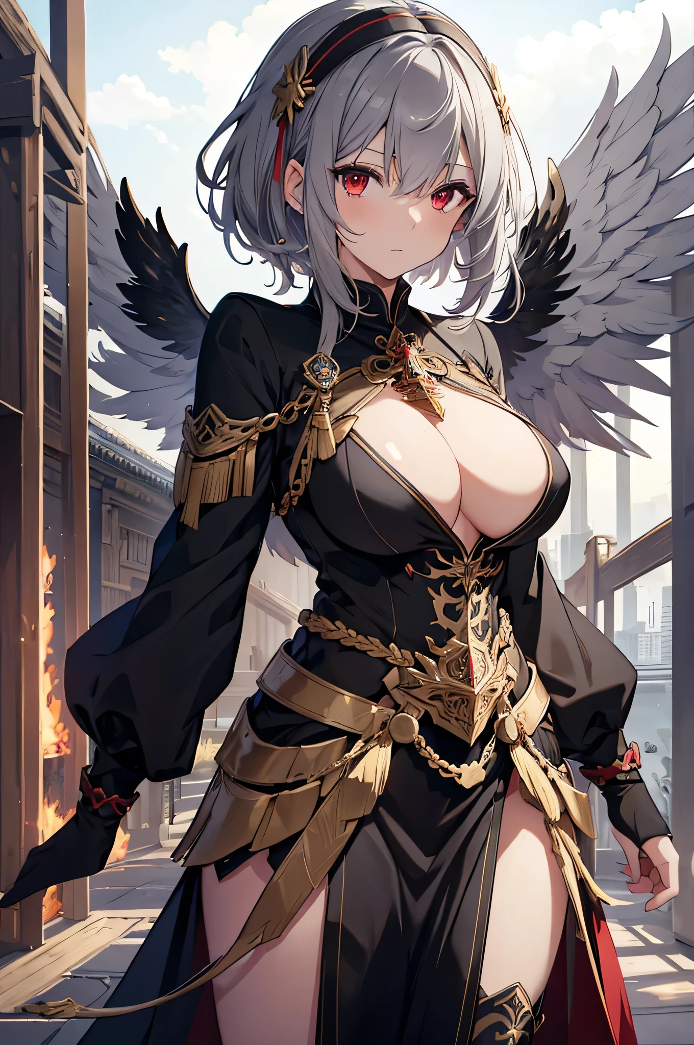 4K,High resolution,One Woman,Grey Hair,Short Hair,Red eyes,Big Breasts,Valkyrie,black sacred armor,Hair band with wings,Gold decoration,Jewelry decoration,Holy Long Sword,Temple in the Sky