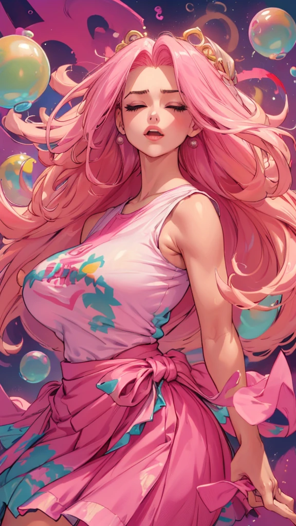 ((top-quality, 8K)), (Realistic), (Face Focus: 1.1), (White and pink: 1.3), woman, (milf), (sexy body), (huge breasts), long-hair, Body from the waist up, Hair fluttering in the wind, Facing to the side, Look up at your face, Eyes closed, (Sleeveless: 1.1), Skirt, Countless soap bubbles,