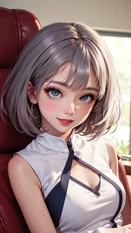 blush a little and smile, (Top quality masterpiece:1.2) Delicate illustrations, Very detailed, /Beautiful Japanese Women、1 person,Very cute and slim、Great style 、((8K images、super high quality))、Very delicate face, Skin and Hair、beautifule forehead、Red lipstick、(((((Very Short Hair、Silver Hair、lure))))),Very cute Japanese cut face、Eyes and nose are clearly visible、Kind eyes,((((Sleeveless fashion))))