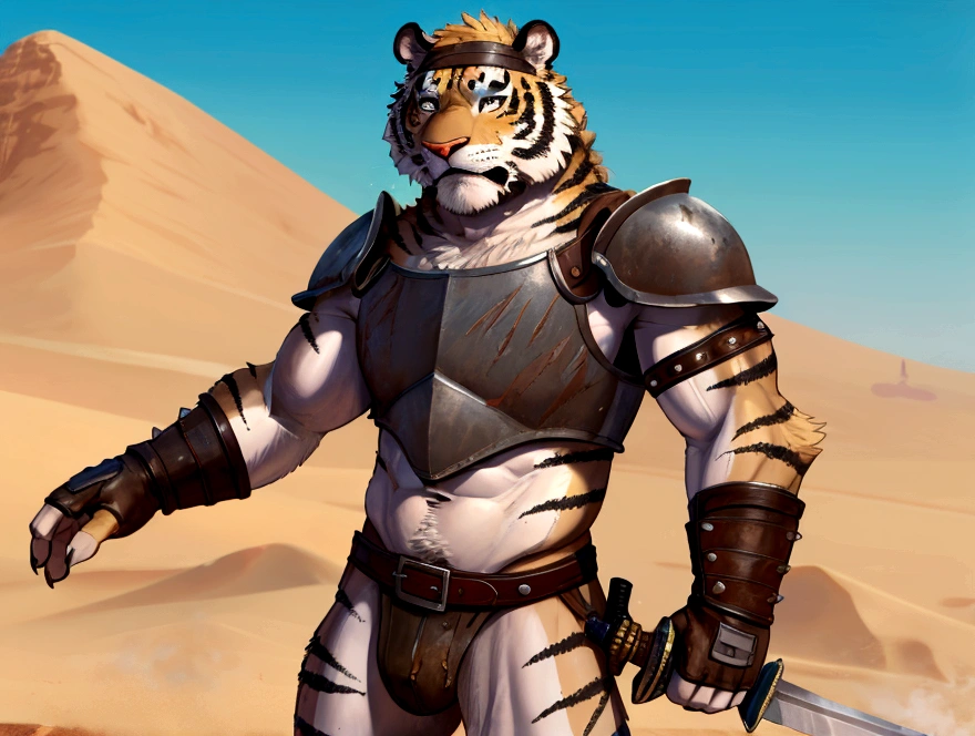 Solo Sexy anthro furry tiger desert slave ancient gladiator, slim endomorph muscular handsone model male apperance, headband, sword scars, worn out leather skimpy armament, low on hips heavy leather belt, old very worn out skimpy dirty linen material jockstrap, old yellow dirty worn out stains on white jockstrap, studded skimpy armlets breastplate armor, skimpy breastplate, leather bondages, fingerless leather gloves, smelly unwashed furr, dirty body look, desert fighting wooden cage arena, standing in sexy fighting cinematic position, close view of full character, side front view