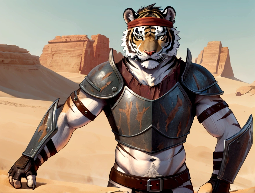 Solo Sexy anthro furry tiger desert slave ancient gladiator, slim endomorph muscular handsone model male apperance, headband, sword scars, worn out leather skimpy armament, low on hips heavy leather belt, old very worn out skimpy dirty linen material jockstrap, old yellow dirty worn out stains on white jockstrap, studded skimpy armlets breastplate armor, skimpy breastplate, leather bondages, fingerless leather gloves, smelly unwashed furr, dirty body look, desert fighting wooden cage arena, standing in sexy fighting cinematic position, close view of full character, side front view