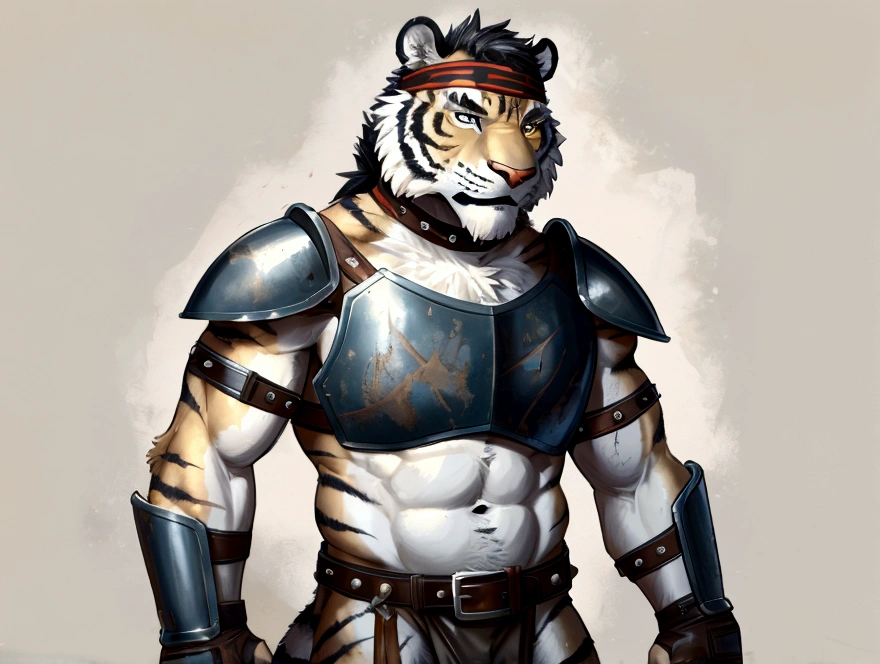 Solo Sexy anthro furry tiger desert slave ancient gladiator, slim endomorph muscular handsone model male apperance, headband, sword scars, worn out leather skimpy armament, low on hips heavy leather belt, old very worn out skimpy dirty linen material jockstrap, old yellow dirty worn out stains on white jockstrap, studded skimpy armlets breastplate armor, skimpy breastplate, leather bondages, fingerless leather gloves, smelly unwashed furr, dirty body look, desert fighting wooden cage arena, standing in sexy fighting cinematic position, close view of full character, side front view