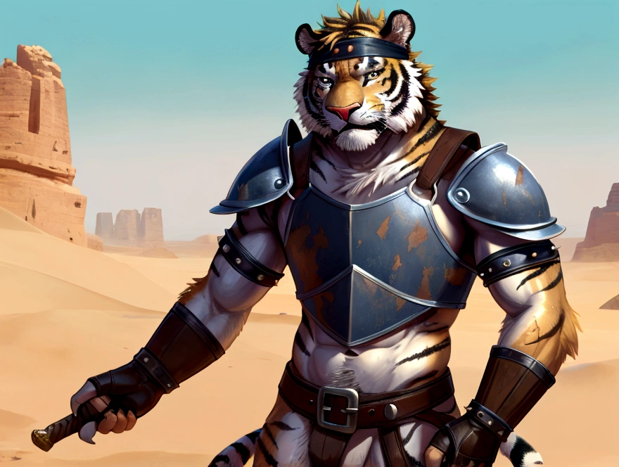 Solo Sexy anthro furry tiger desert slave ancient gladiator, slim endomorph muscular handsone model male apperance, headband, sword scars, worn out leather skimpy armament, low on hips heavy leather belt, old very worn out skimpy dirty linen material jockstrap, old yellow dirty worn out stains on white jockstrap, studded skimpy armlets breastplate armor, skimpy breastplate, leather bondages, fingerless leather gloves, smelly unwashed furr, dirty body look, desert fighting wooden cage arena, standing in sexy fighting cinematic position, close view of full character, side front view