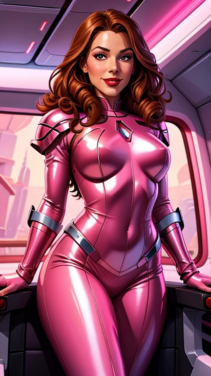 High-quality acrylic painting, VIVID COLORS, lateral point a view, a beautiful woman with brown curly hair, looking at the viewer with suspicious face and a shy smile, red lips, she wears white and pink metallic ultra-glossy armor, hands in the waist, in a command chair in the cockpit of a spaceship
