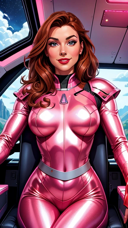 High-quality acrylic painting, VIVID COLORS, lateral point a view, a beautiful woman with brown curly hair, looking at the viewer with suspicious face and a shy smile, red lips, she wears white and pink metallic ultra-glossy armor, hands in the waist, in a command chair in the cockpit of a spaceship