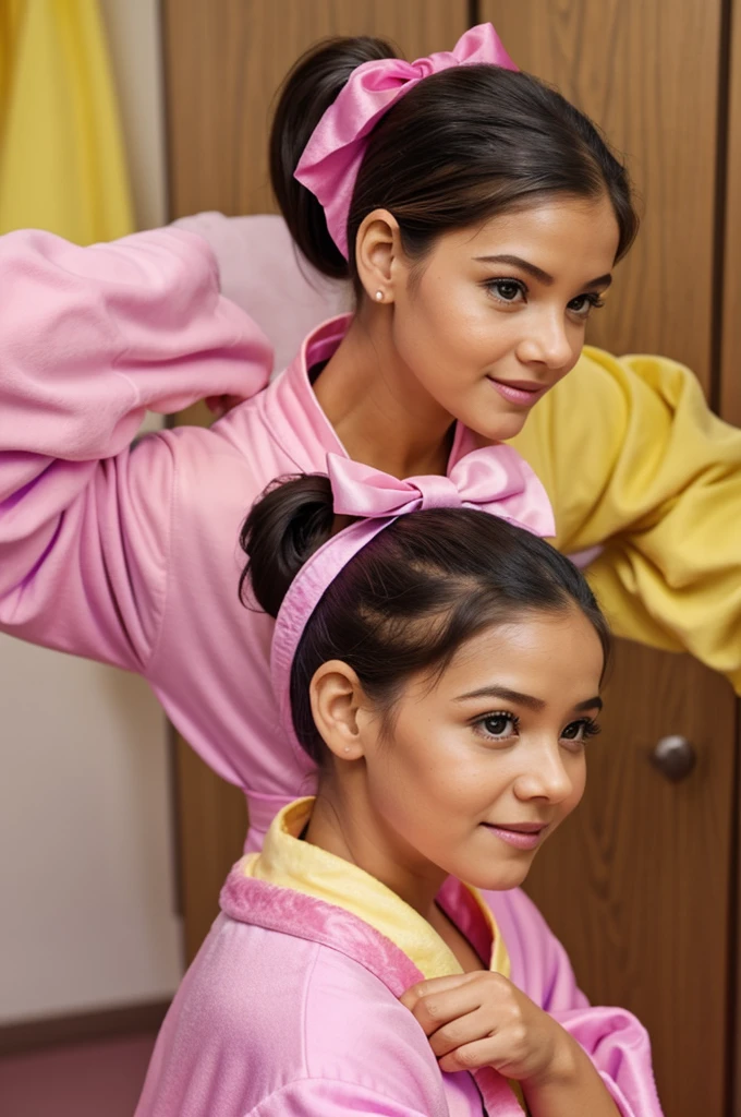 Pixar-like teacher with ponytail in pink, yellow and purple robe, pink bow , with name "miss Susy"