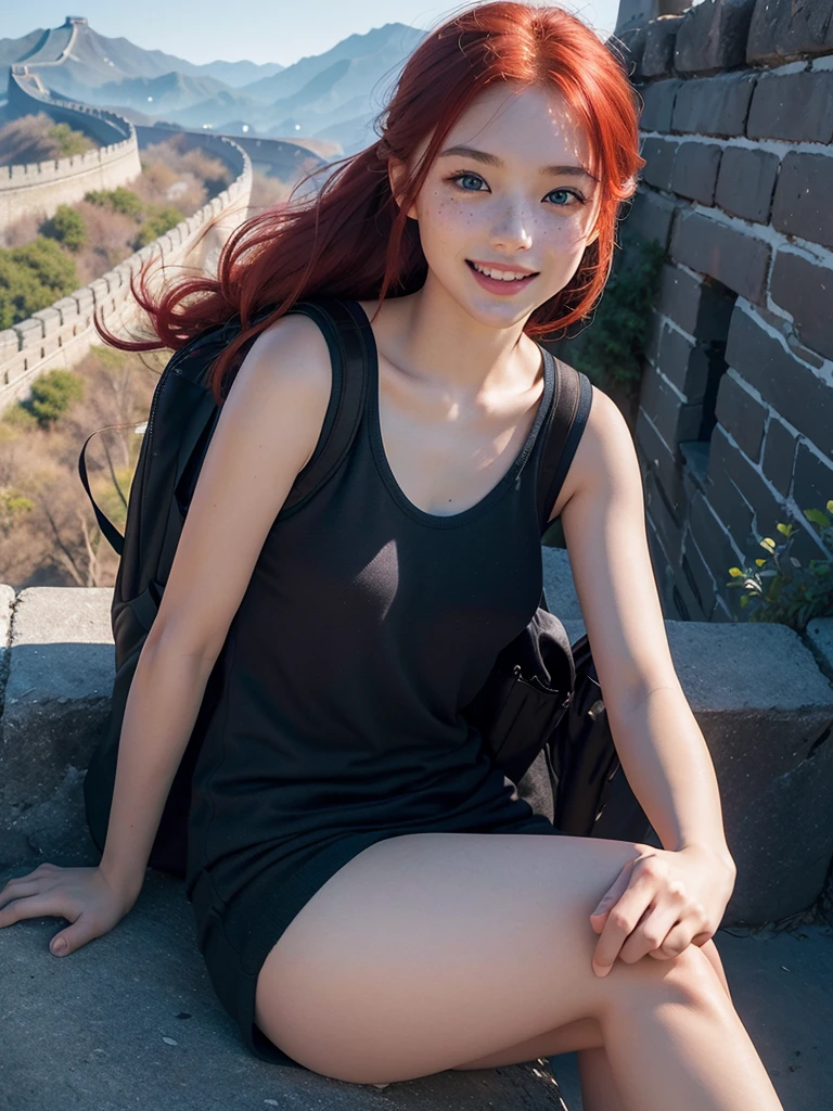 ((ROW фото )), ((high quality)), ((Photorealism)), masterpiece, Clarity, detailing, high sharpness, sexy girl along the great wall of china with her friends, backpack, sportswear, Evening, big green eyes, (( Red hair )) , freckles, small parts, small breasts, pleasure, Bright studio lighting, smile,