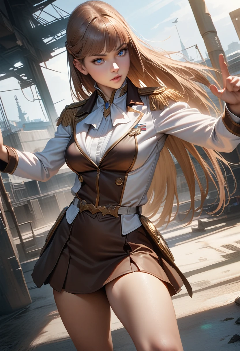 (Relena Peacecraft:1.2),1 girl,brown long hair,blue eyes,white gorgeous military uniform,ultra miniskirt,epaulettes,perfect hands, perfect finger,perfect anatomy, masterpiece, best quality,realistic, hyperrealistic, 16k hdr,medium breasts,military base,outdoor,standing,dynamic pose,dynamic angle,