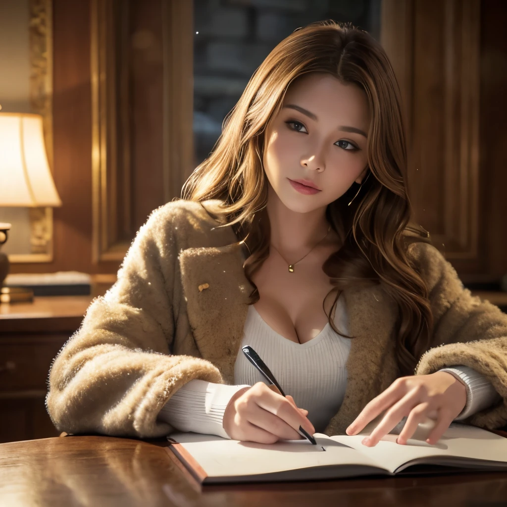 (table top、highest quality、8K、Award-winning work、ultra high resolution)、a beautiful norwegian woman、(Wearing an elegant thick fur beige coat:1.2)、long knit sweater dress、perfect fit、brown hair、bionde、blue eyes、white skin、(big cleavage:1.1)、Very long wavy hair、epic movie lighting、(romantic love feeling:1.1)、(The most romantic and moody atmosphere:1.1)、winter、snow scene、It's snowing、(Walking through the snowy streets of Norway:1.2)、Look at me、(Exposing big breasts that are about to burst:1.2)、(Most emphasize the body line:1.2)、very long hair、blurred background、accurate anatomy、ultra high definition hair、Perfect and beautiful teeth in ultra high resolution、Ultra high definition beauty face、ultra high definition hair、Super high-definition sparkling eyes、Shining, ultra high-resolution beautiful skin、ultra high resolutionの艶やかな唇、(Full body photo:1.3)、(exposing long bare legs:1.1)、(expose long legs:1.1)、(pregnancy:1.1) (anime:1.1)