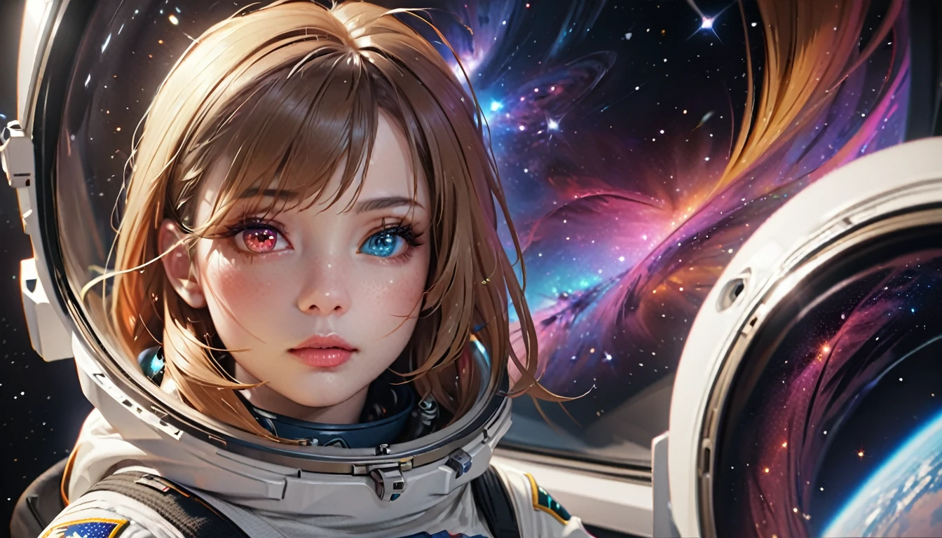 perfect eyes, Zoe, toddler girl, long hair, Heterochromia, astronaut, beautiful detailed eyes, beautiful detailed lips, extremely detailed eyes and face, long eyelashes, 1girl, astronaut, heterochromia, space, beautiful stars, beautiful galaxies, (best quality,4k,8k,highres,masterpiece:1.2),ultra-detailed,(realistic,photorealistic,photo-realistic:1.37),digital art, science fiction, surreal, cinematic lighting, vibrant colors, dramatic lighting, medium shot, full body, waist up, centered, detailed background, stars and galaxies in the distance, 