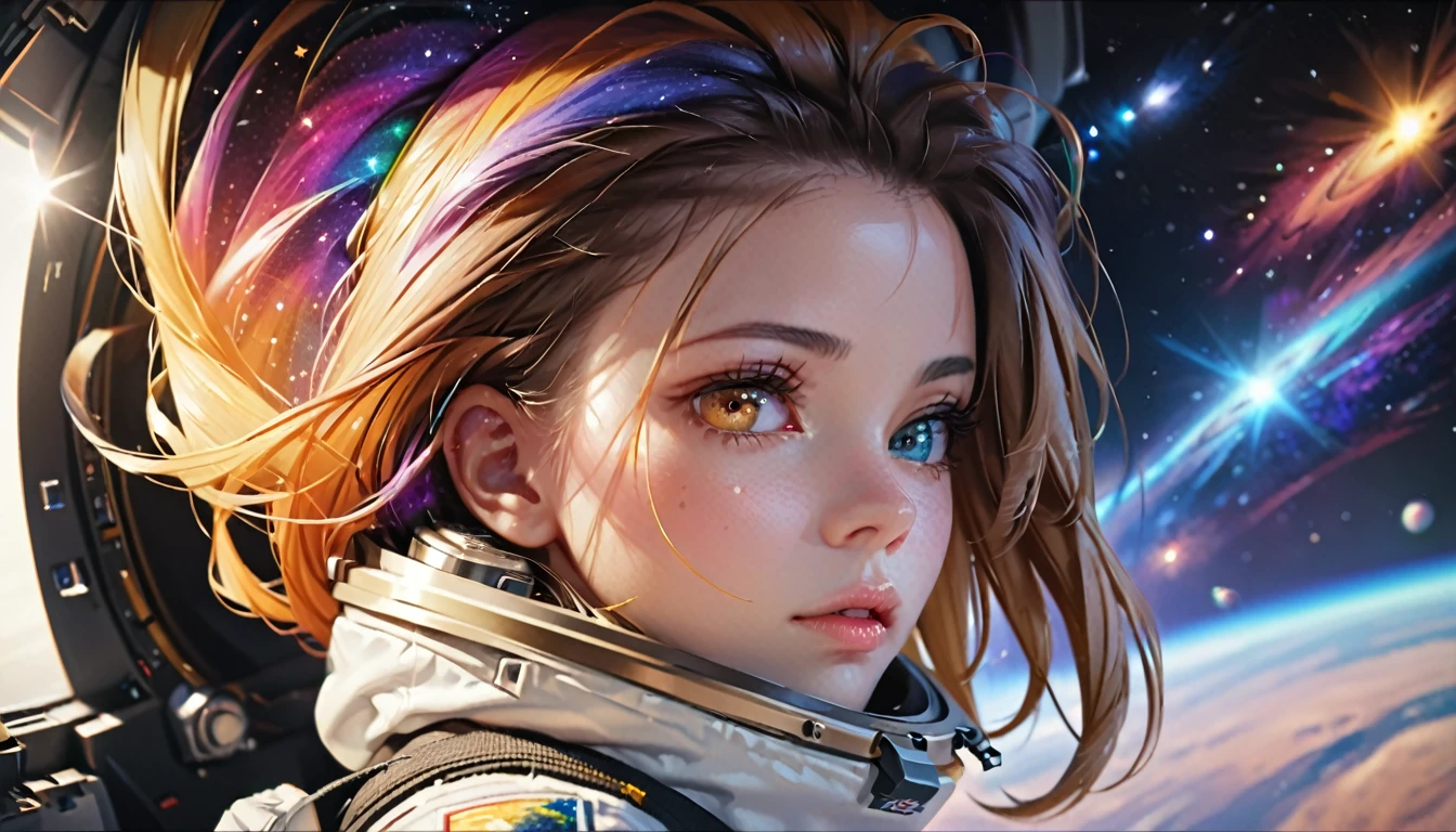 perfect eyes, Zoe, toddler girl, long hair, Heterochromia, astronaut, beautiful detailed eyes, beautiful detailed lips, extremely detailed eyes and face, long eyelashes, 1girl, astronaut, heterochromia, space, beautiful stars, beautiful galaxies, (best quality,4k,8k,highres,masterpiece:1.2),ultra-detailed,(realistic,photorealistic,photo-realistic:1.37),digital art, science fiction, surreal, cinematic lighting, vibrant colors, dramatic lighting, medium shot, full body, waist up, centered, detailed background, stars and galaxies in the distance, 