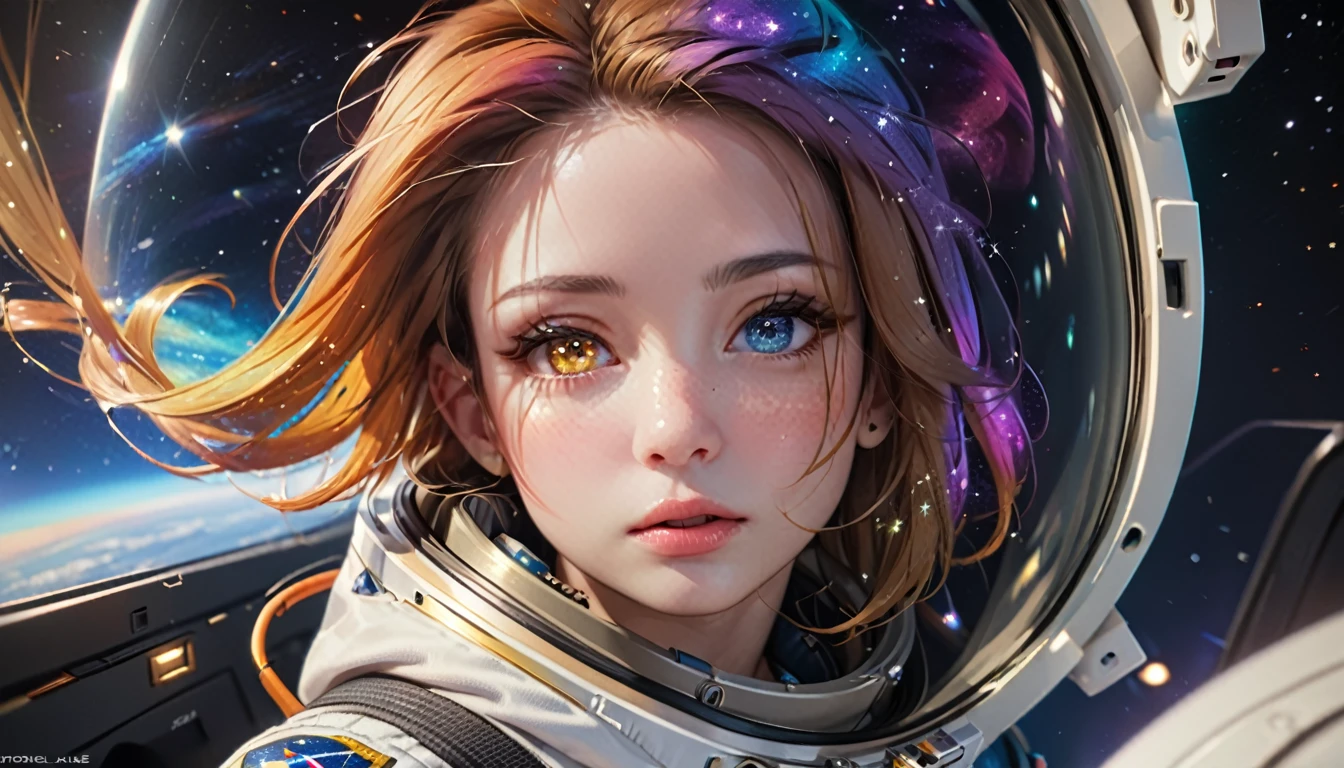 perfect eyes, Zoe,  girl, long hair, Heterochromia, astronaut, beautiful detailed eyes, beautiful detailed lips, extremely detailed eyes and face, long eyelashes, 1girl, astronaut, heterochromia, space, beautiful stars, beautiful galaxies, (best quality,4k,8k,highres,masterpiece:1.2),ultra-detailed,(realistic,photorealistic,photo-realistic:1.37),digital art, science fiction, surreal, cinematic lighting, vibrant colors, dramatic lighting, medium shot, full body, waist up, centered, detailed background, stars and galaxies in the distance, 