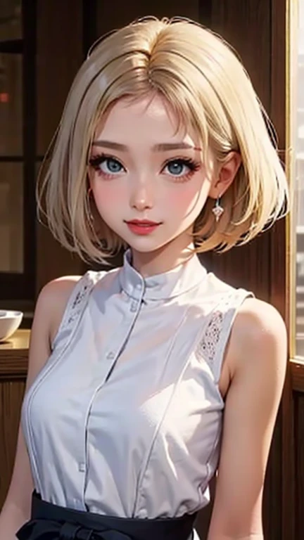 blush a little and smile, (Top quality masterpiece:1.2) Delicate illustrations, Very detailed, /Beautiful Japanese Women、1 person,Very cute and slim、Great style 、((8K images、super high quality))、Very delicate face, Skin and Hair、beautifule forehead、Red lipstick、(((((Very Short Hair、Blonde、lure))))),Very cute Japanese cut face、Eyes and nose are clearly visible、Kind eyes,((((Sleeveless fashion))))