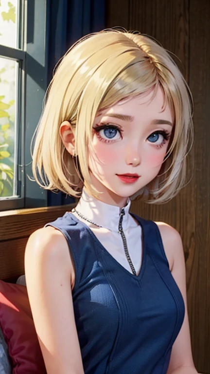 blush a little and smile, (Top quality masterpiece:1.2) Delicate illustrations, Very detailed, /Beautiful Japanese Women、1 person,Very cute and slim、Great style 、((8K images、super high quality))、Very delicate face, Skin and Hair、beautifule forehead、Red lipstick、(((((Very Short Hair、Blonde、lure))))),Very cute Japanese cut face、Eyes and nose are clearly visible、Kind eyes,((((Sleeveless fashion))))