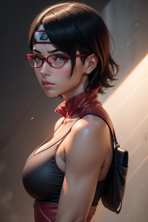 (highres,masterpiece:1.2),ultra-detailed,realistic,professional,beautiful detailed eyes,beautiful detailed lips,dark hair,short black hair,red glasses,Very big breasts,stunning black eyes,clear skin,18-year-old girl,fashionable short hairstyle,vibrant red glasses,Shinobi Academy,fierce determination,confident posture,crimson outfit,intense gaze,background filled with ninjutsu techniques,shadows cleverly accentuating her features,subtle studio lighting,sublime realism,striking color tones