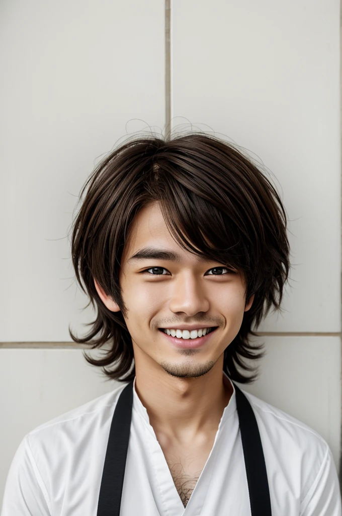 Oshi Noko anime man brown hair a little on the face with a black lock hanging right eye red color lower and left black color with a white star white skin and white clothes smiling