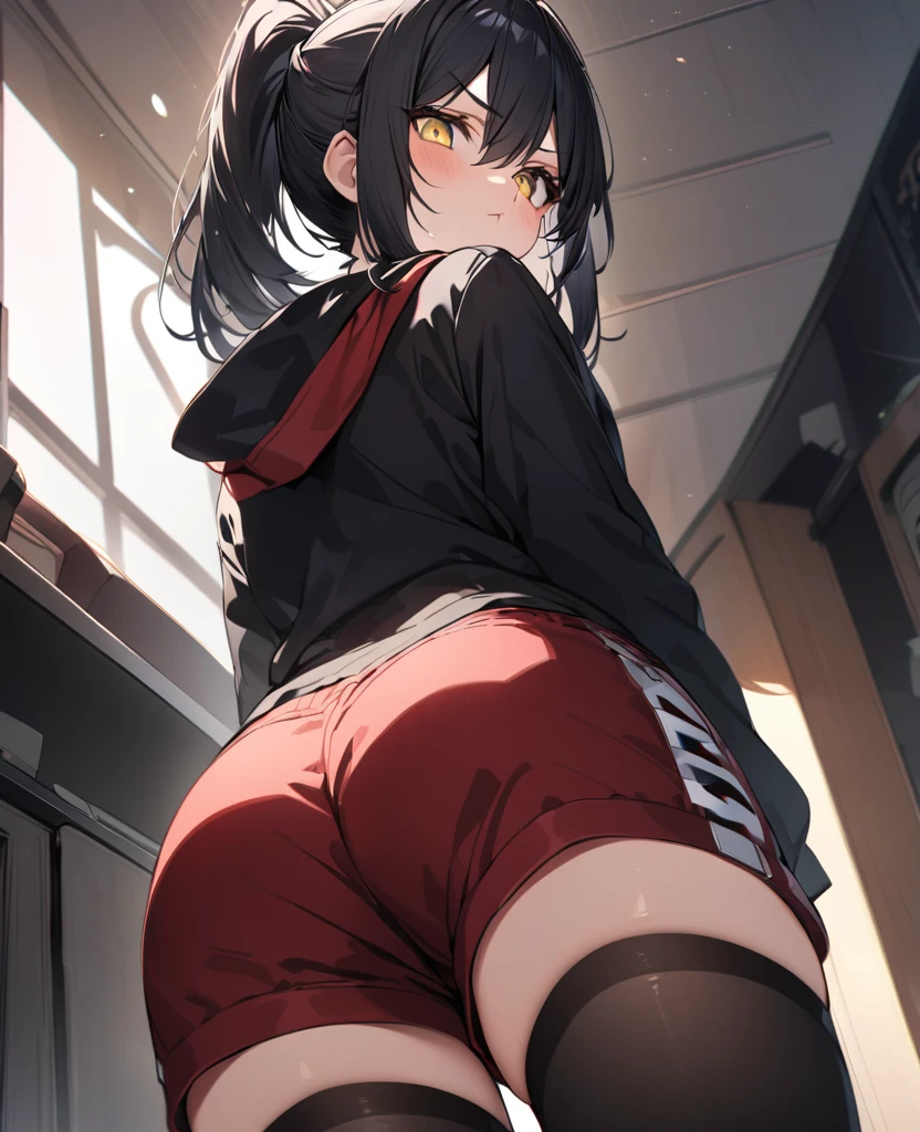 One Woman、Black Hair、Hairstyle、ponytail、Yellow Eyes、Slanted Eyes、whole body、Are standing、Black hooded shirt、Red shorts、Black Stockings、look back、View Viewer, black hair, hair between eyes, sidelocks, ponytail, yellow eyes, tsurime, pout, light blush, from below, UHD, super detail