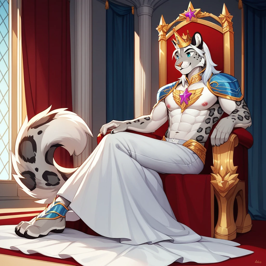 Score_9, score_8_up, score_7_up, source_cartoon, Anthro male, snow leopard,white hair, blue eyes,  wearing silver kings armor, crown, sitting on an Elegant throne, in a throne room, young, tall and slender, 