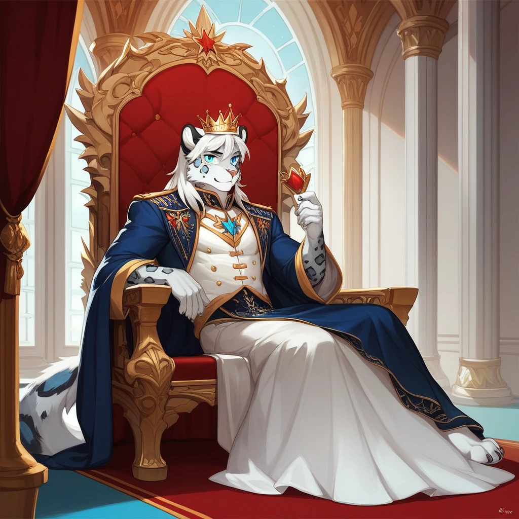Score_9, score_8_up, score_7_up, source_cartoon, Anthro male, snow leopard,white hair, blue eyes, wearing silver kings armor, crown, sitting on an Elegant throne, in a throne room, young, tall and slender,