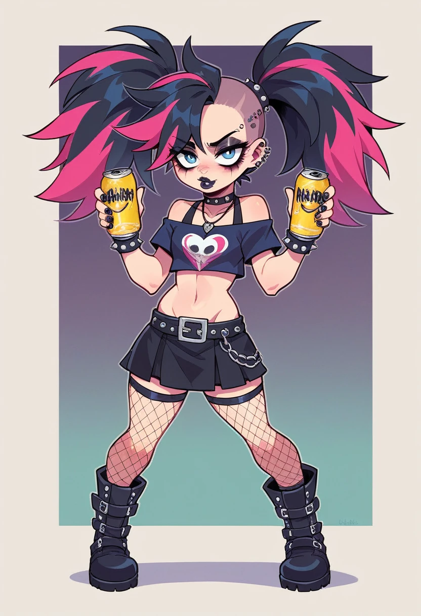 In D&D style, a woman with devil horns, she looks like a little bit like crazy scientis, and she has a kind of steam punk outfit, and she is holding a potion in one hand and a sold stylish pistol in the other hand.