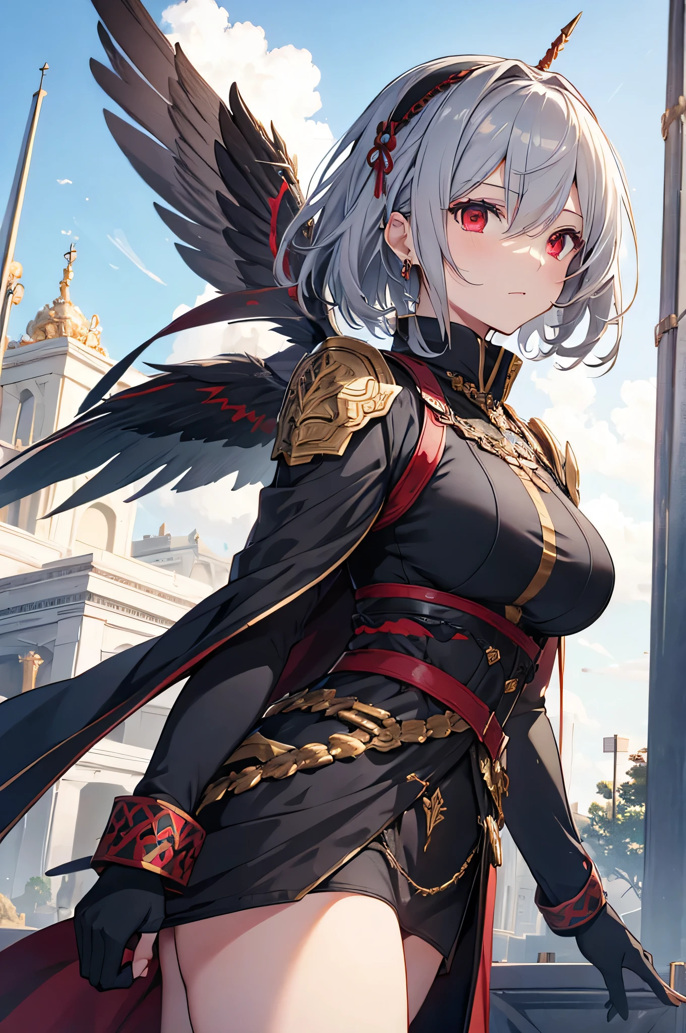 4K,High resolution,One Woman,Grey Hair,Short Hair,Red eyes,Big Breasts,Valkyrie,black sacred armor,Hair band with wings,Gold decoration,Jewelry decoration,Holy Long Sword,Temple in the Sky