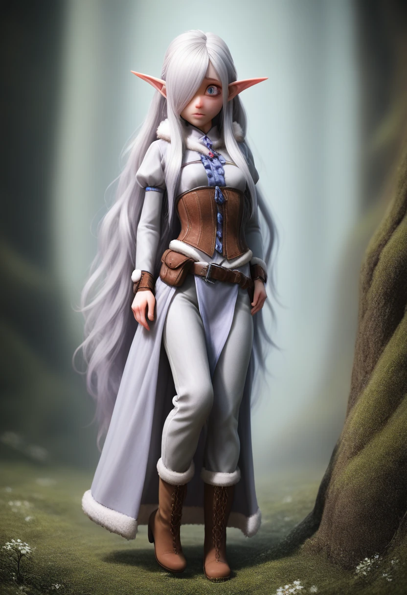 ((Best Quality)), (Masterpiece)), (Details: 1.4), Absurd Resolution, High Resolution, (Masterpiece: 1.4), Ultra Detailed, detailed gnome girl with pale skin, short stature, very long waist length silver hair that curls at the ends, covering one eye, with small breasts, pouty lips, and bright blue anime-style eyes with long lashes, wearing a corset, white puffy long sleeved shirt, and puffy cloth pants, leather bound boots, set in a windy fantasy landscape, (best quality,4k,8k,highres,masterpiece:1.2),ultra-detailed, dungeons and dragons, long elf ears, small girl, detailed skin and cloth textures, cute detailed face, intricate details, extremely detailed, 1girl, dynamic pose with hair covering one eye, shy personality, puffy cloth pants with leather belt, detailed privateer outfit, detailed buccaneer outfit, pouch on belt, wearing ornate leather armor with fur trim, silver inlay detail, wearing fur trimmed boots, wearing fur trimmed gloves, short, short height, halfing girl, small girl, very long detailed flowing hair