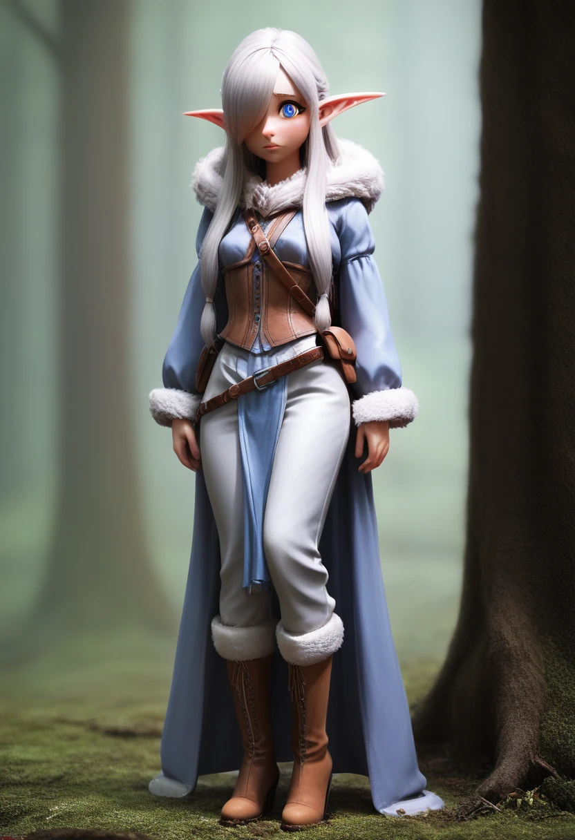 ((Best Quality)), (Masterpiece)), (Details: 1.4), Absurd Resolution, High Resolution, (Masterpiece: 1.4), Ultra Detailed, detailed gnome girl with pale skin, short stature, very long waist length silver hair that curls at the ends, covering one eye, with small breasts, pouty lips, and bright blue anime-style eyes with long lashes, wearing a corset, white puffy long sleeved shirt, and puffy cloth pants, leather bound boots, set in a windy fantasy landscape, (best quality,4k,8k,highres,masterpiece:1.2),ultra-detailed, dungeons and dragons, long elf ears, small girl, detailed skin and cloth textures, cute detailed face, intricate details, extremely detailed, 1girl, dynamic pose with hair covering one eye, shy personality, puffy cloth pants with leather belt, detailed privateer outfit, detailed buccaneer outfit, pouch on belt, wearing ornate leather armor with fur trim, silver inlay detail, wearing fur trimmed boots, wearing fur trimmed gloves, short, short height, halfing girl, small girl, very long detailed flowing hair