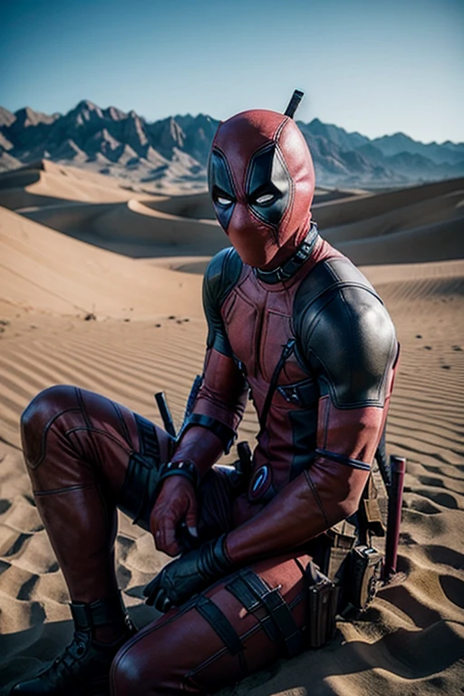 Deadpool sitting alone in the desert