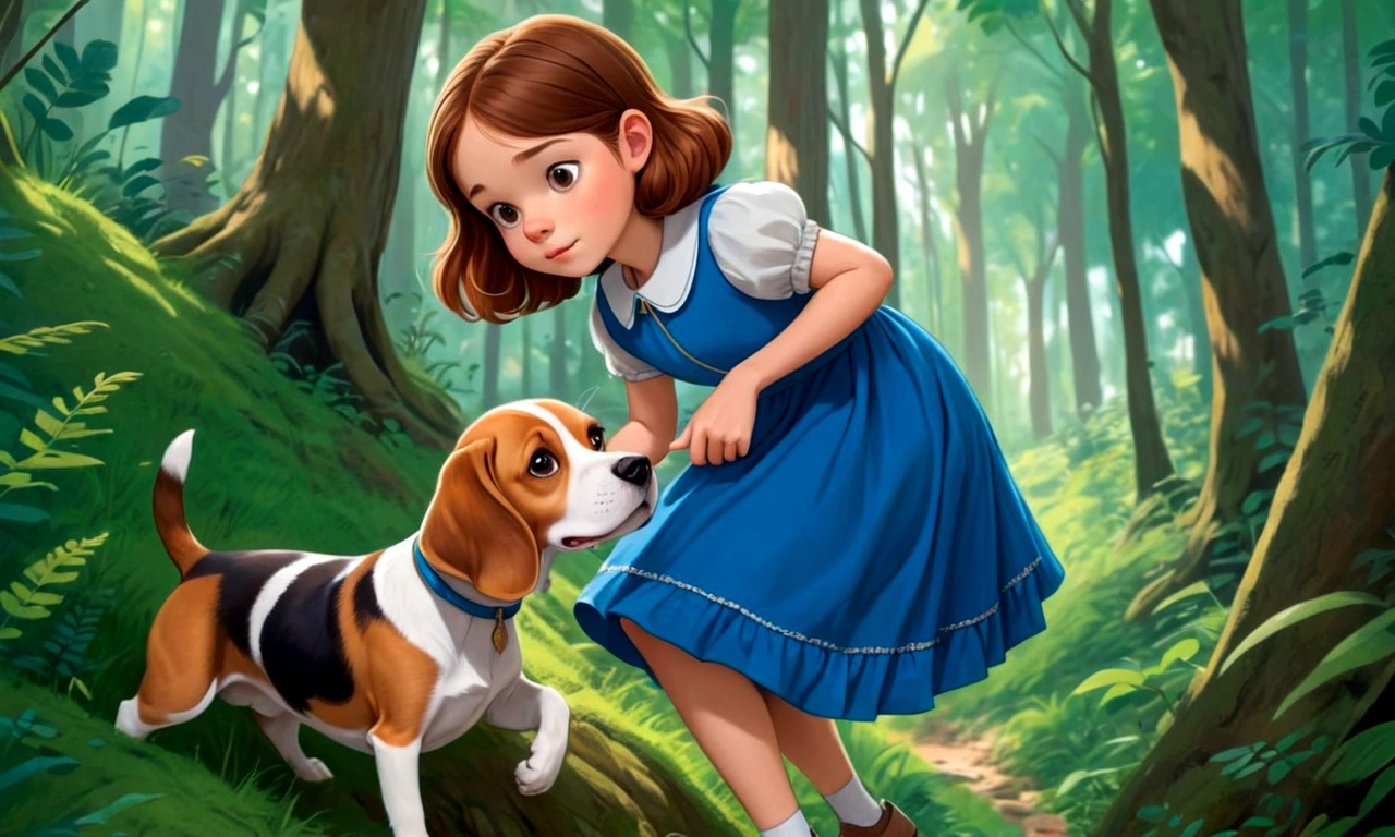 Draw a young girl with brown hair and a blue dress, along with a brown and white beagle, together exploring a dense forest 