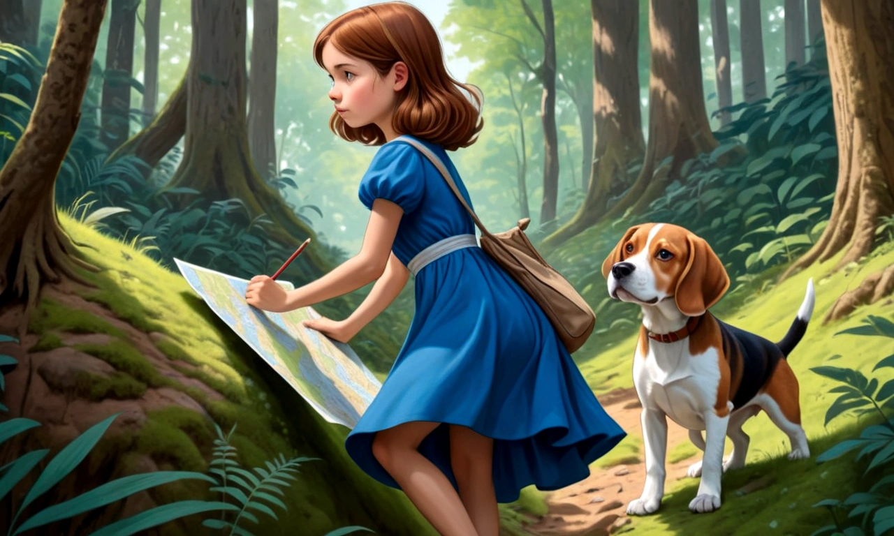 Draw a young girl with brown hair and a blue dress. She is climbing a hill in a dense forest. In your hand a map. Next to her is a brown and white beagle.