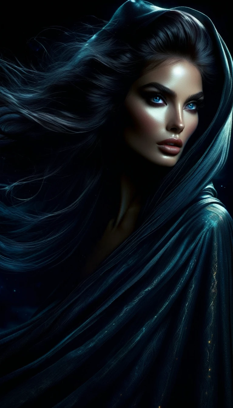 A dark and mystical fantasy scene, a beautiful woman with striking eyes and lips, long eyelashes, flowing hair, ethereal and otherworldly, shrouded in a cloak, moonlight illuminating her face, dark magic swirling around her, night sky with stars, moody and atmospheric, highly detailed, cinematic lighting, digital painting, concept art style, dark color palette, dramatic chiaroscuro, masterpiece, ultra-detailed, 8k, photorealistic.