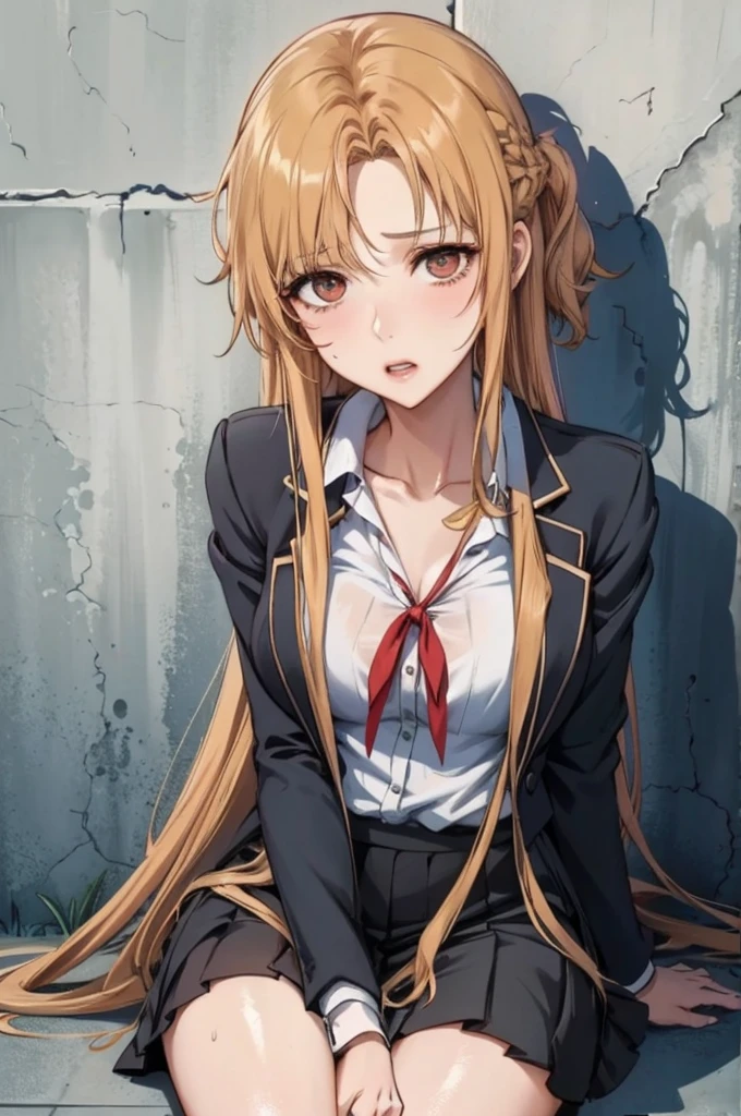 The image portrays an anime-style girl with long, light brown hair, partially braided, sitting against a concrete wall with a slightly distressed or concerned expression. She is wearing a school uniform consisting of a black blazer with white trim, a white blouse with a red ribbon tied at the collar, and a black skirt. The background is simple, focusing attention on the girl, with the wall and ground showing some wear and texture. The overall mood is more serious and somber compared to the previous image.