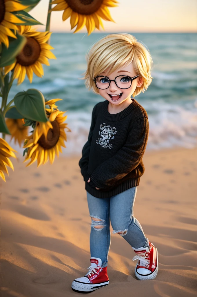 I want a photograph of a baby no older than one year old, blonde and short hair and glasses, with a bouquet of sunflowers in her hand, with a black sweater printed with clips that mean togetherness, ripped jeans at the knee and converse style shoes. The girl laughs out loud and walks on the beach 