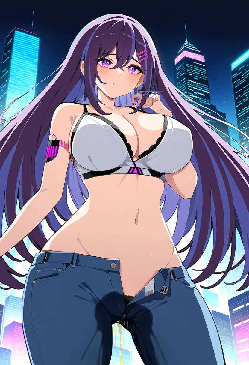 (masterpiece:1.37), best quality, (extremely detailed:1.37), woman, mature, adult, large breasts, very long hair, dark purple hair, purple eyes, (extremely detailed eyes:1.37), crop top, cleavage, navel, jeans, open fly, (groin:1.25), desperation, (wetting: self 3.0), standing, city, futuristic, neon lighting, high-tech, street