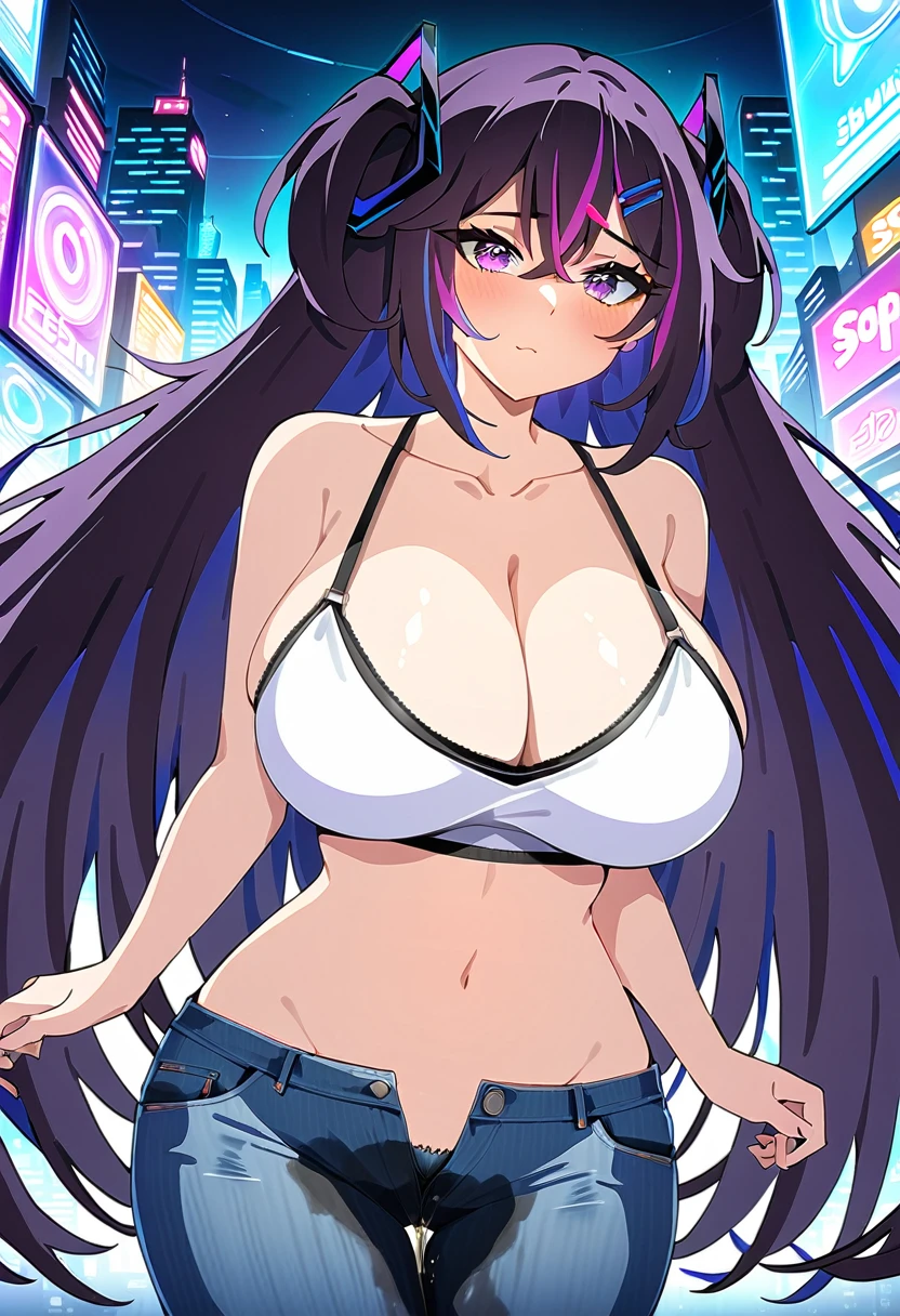 (masterpiece:1.37), best quality, (extremely detailed:1.37), woman, mature, adult, large breasts, very long hair, dark purple hair, purple eyes, (extremely detailed eyes:1.37), crop top, cleavage, navel, jeans, open fly, (groin:1.25), desperation, (wetting: self 3.0), standing, city, futuristic, neon lighting, high-tech, street