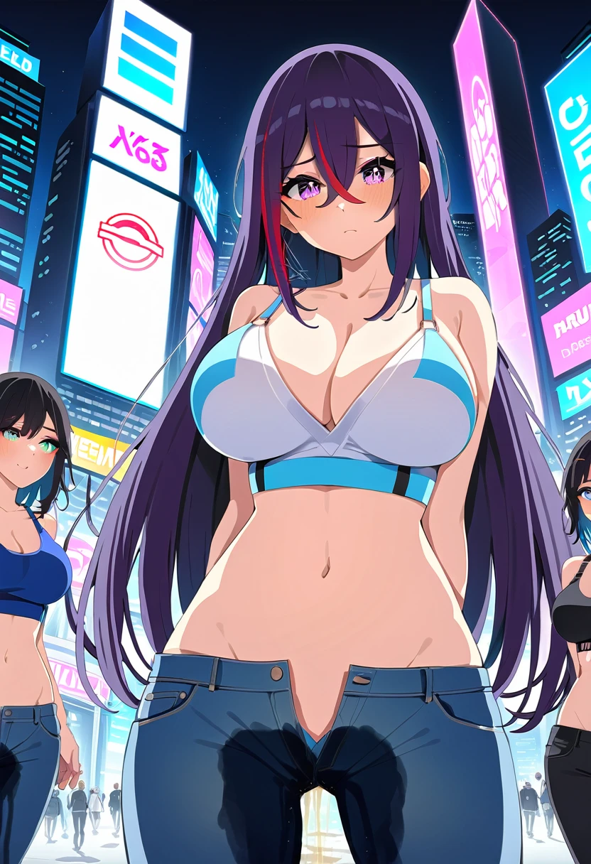 (masterpiece:1.37), best quality, (extremely detailed:1.37), woman, mature, adult, large breasts, very long hair, dark purple hair, purple eyes, (extremely detailed eyes:1.37), crop top, cleavage, navel, jeans, open fly, (groin:1.25), desperation, (wetting: self 3.0), standing, city, futuristic, neon lighting, high-tech, street