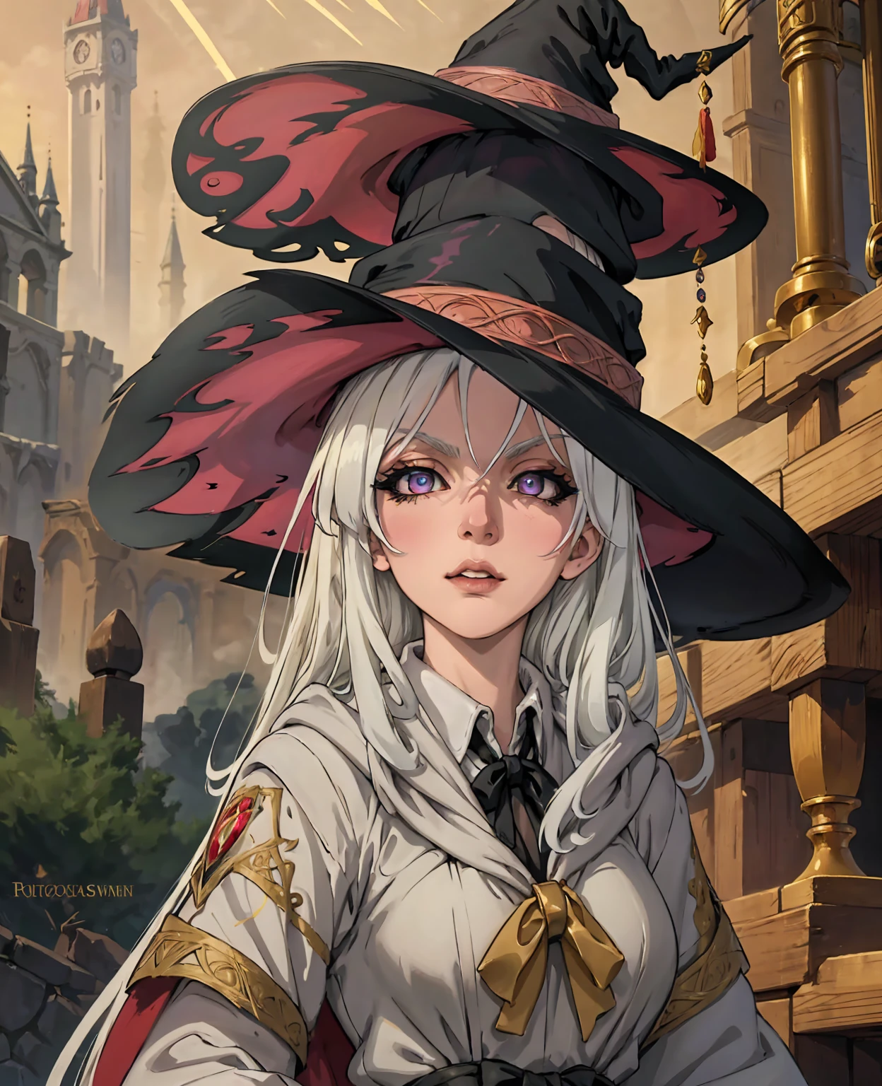 Akemysama as witch, white hair, beautiful detailed eyes, beautiful detailed lips, extremely detailed face, long eyelashes, intricate detailed witch costume, magical spell casting pose, fantasy forest background, golden hour lighting, vibrant colors, cinematic composition, dramatic lighting, ethereal atmosphere, fantasy art style, digital painting