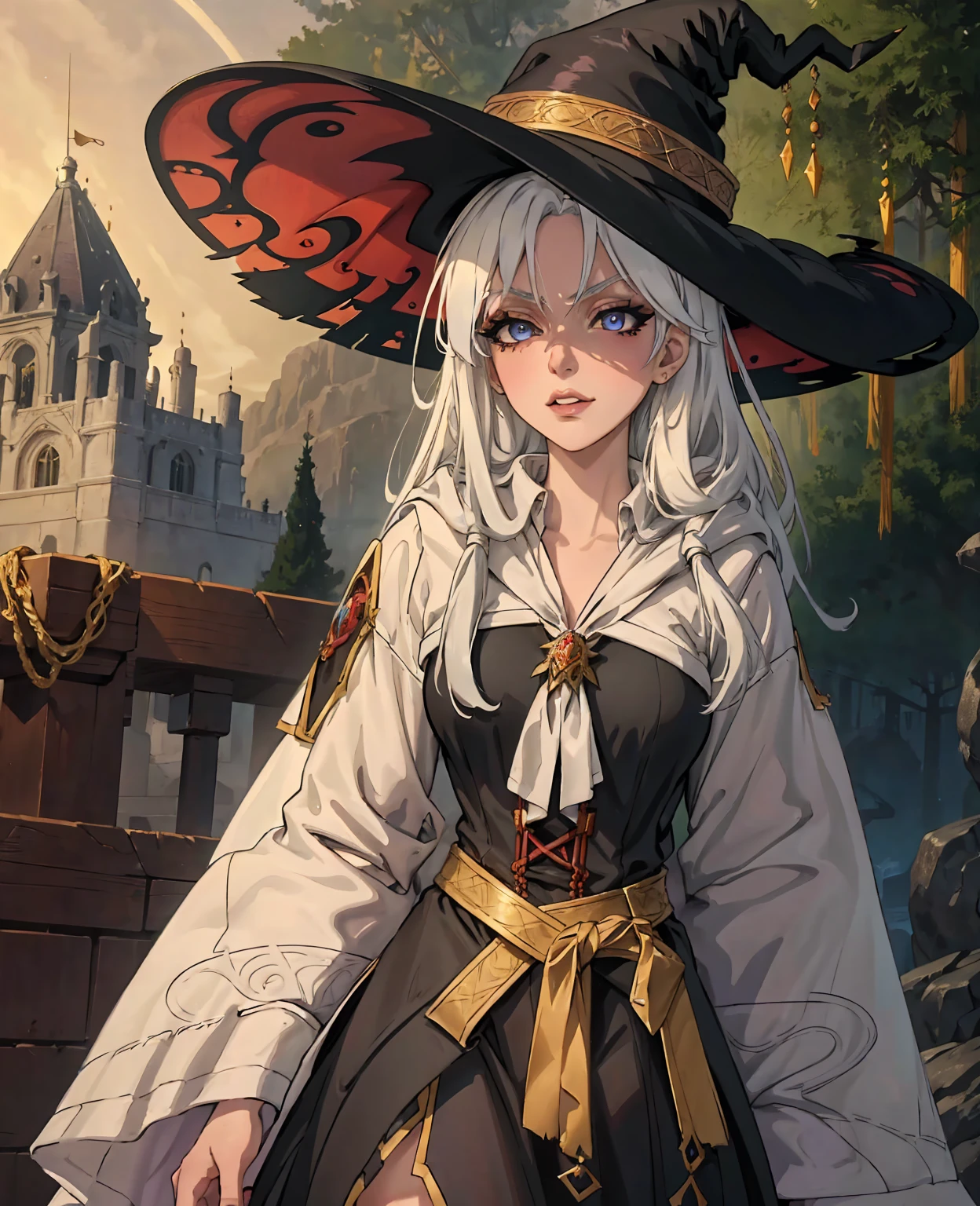 Akemysama as witch, white hair, beautiful detailed eyes, beautiful detailed lips, extremely detailed face, long eyelashes, intricate detailed witch costume, magical spell casting pose, fantasy forest background, golden hour lighting, vibrant colors, cinematic composition, dramatic lighting, ethereal atmosphere, fantasy art style, digital painting