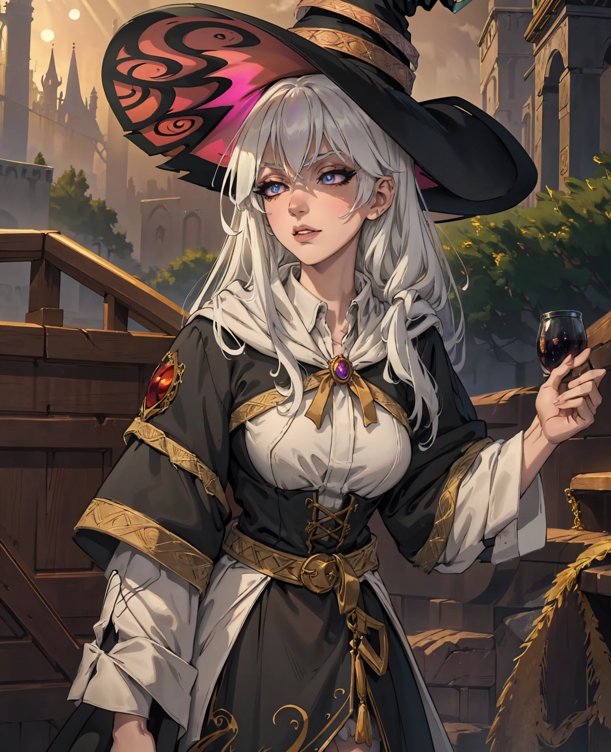 Akemysama as witch, white hair, beautiful detailed eyes, beautiful detailed lips, extremely detailed face, long eyelashes, intricate detailed witch costume, magical spell casting pose, fantasy forest background, golden hour lighting, vibrant colors, cinematic composition, dramatic lighting, ethereal atmosphere, fantasy art style, digital painting