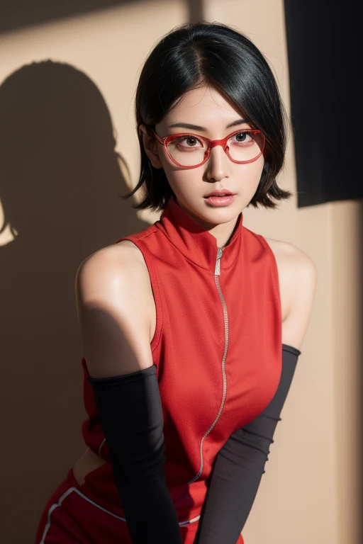 (highres,masterpiece:1.2),ultra-detailed,realistic,professional,beautiful detailed eyes,beautiful detailed lips,dark hair,short black hair,red glasses,Very big breasts,stunning black eyes,clear skin,18-year-old girl,fashionable short hairstyle,vibrant red glasses,Shinobi Academy,fierce determination,confident posture,crimson outfit,intense gaze,background filled with ninjutsu techniques,shadows cleverly accentuating her features,subtle studio lighting,sublime realism,striking color tones