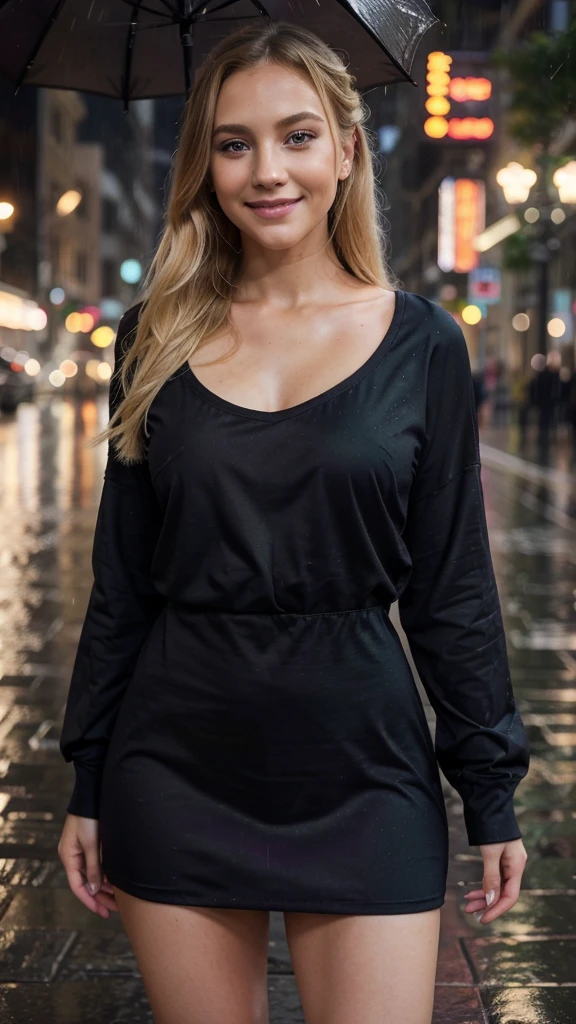 Lily Bowman), posing, modeling full body, with dark purple casual outfit design, sexy smile, best quality, blur rain background with Green Eyes, , Ultra Realistic, Meticulously Detailed, Portrait, Blonde Hair and Big Eyes, Selfie of a Young Woman, Green Eyes, No Makeup, Natural Makeup, Looking Directly at the Camera, face artgram, subtle make-up, Impressive photo, stand, with sexy smile, Medium and large size chest, allowing the face to be seen clearly, rain