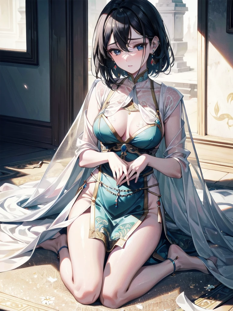 absurdres, RAW photo, extremely delicate and beautiful, masterpiece, Best Quality, ultra high resolution, 32k, hyperrealistic, ultra-detailed, delicate facial features, beautiful detailed woman, tearful mole, earring, medium breasts, full body shot, medium hair, black hair, Dunhuang Apsaras costume, Dunhuang style,