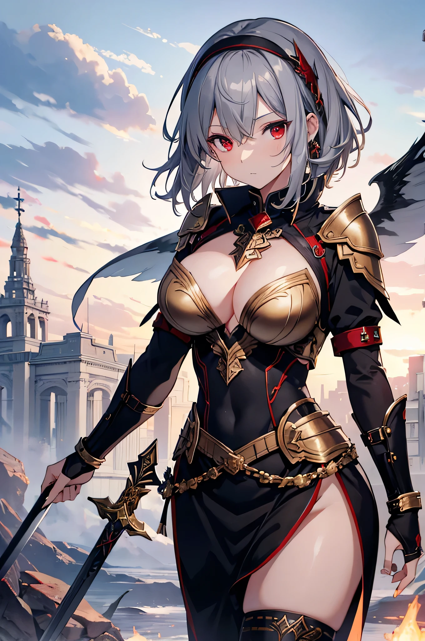 4K,High resolution,One Woman,Grey Hair,Short Hair,Red eyes,Big Breasts,Valkyrie,black sacred armor,Hair band with wings,Gold decoration,Jewelry decoration,Holy Long Sword,Temple in the Sky