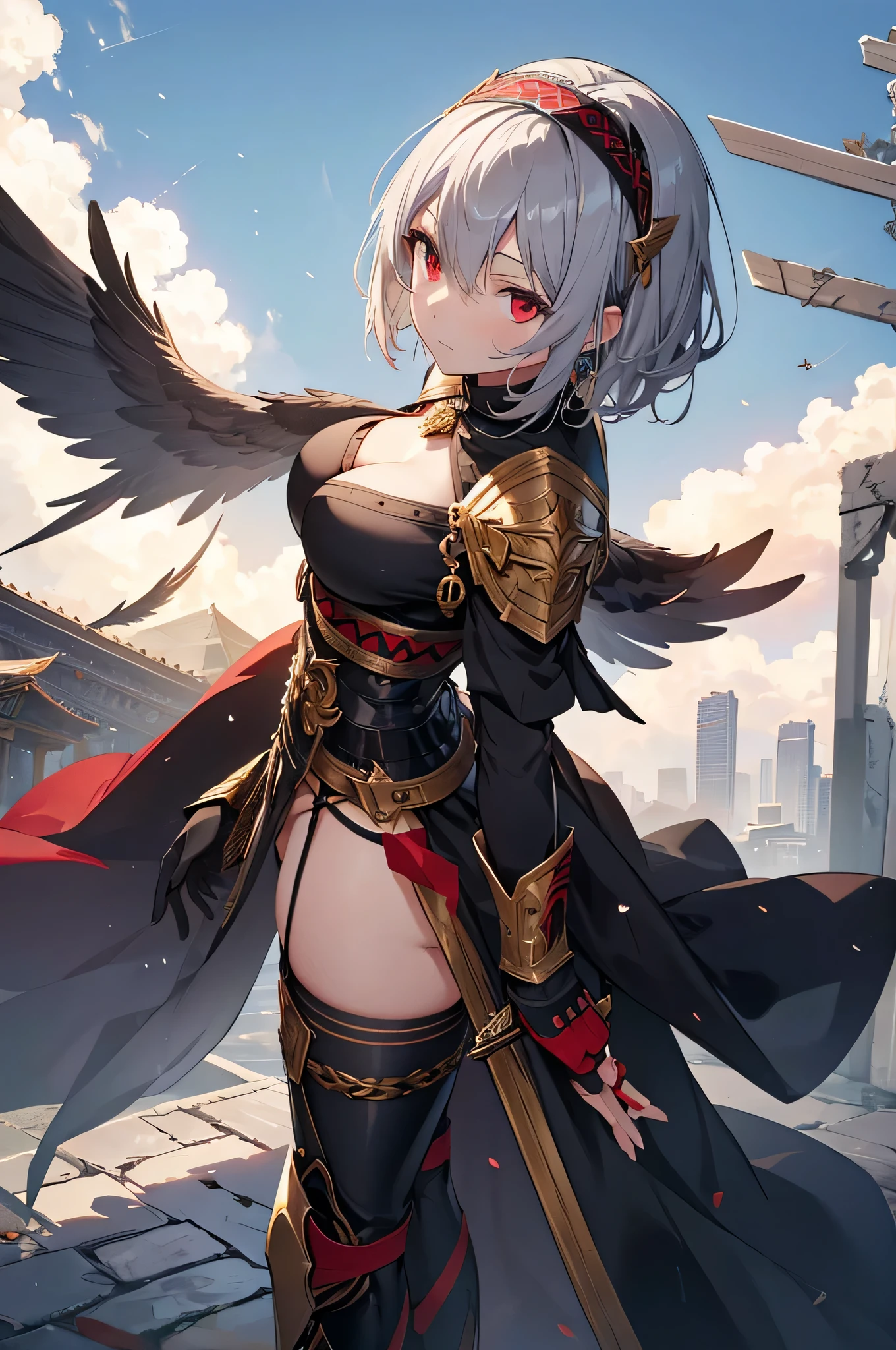 4K,High resolution,One Woman,Grey Hair,Short Hair,Red eyes,Big Breasts,Valkyrie,black sacred armor,Hair band with wings,Gold decoration,Jewelry decoration,Holy Long Sword,Temple in the Sky