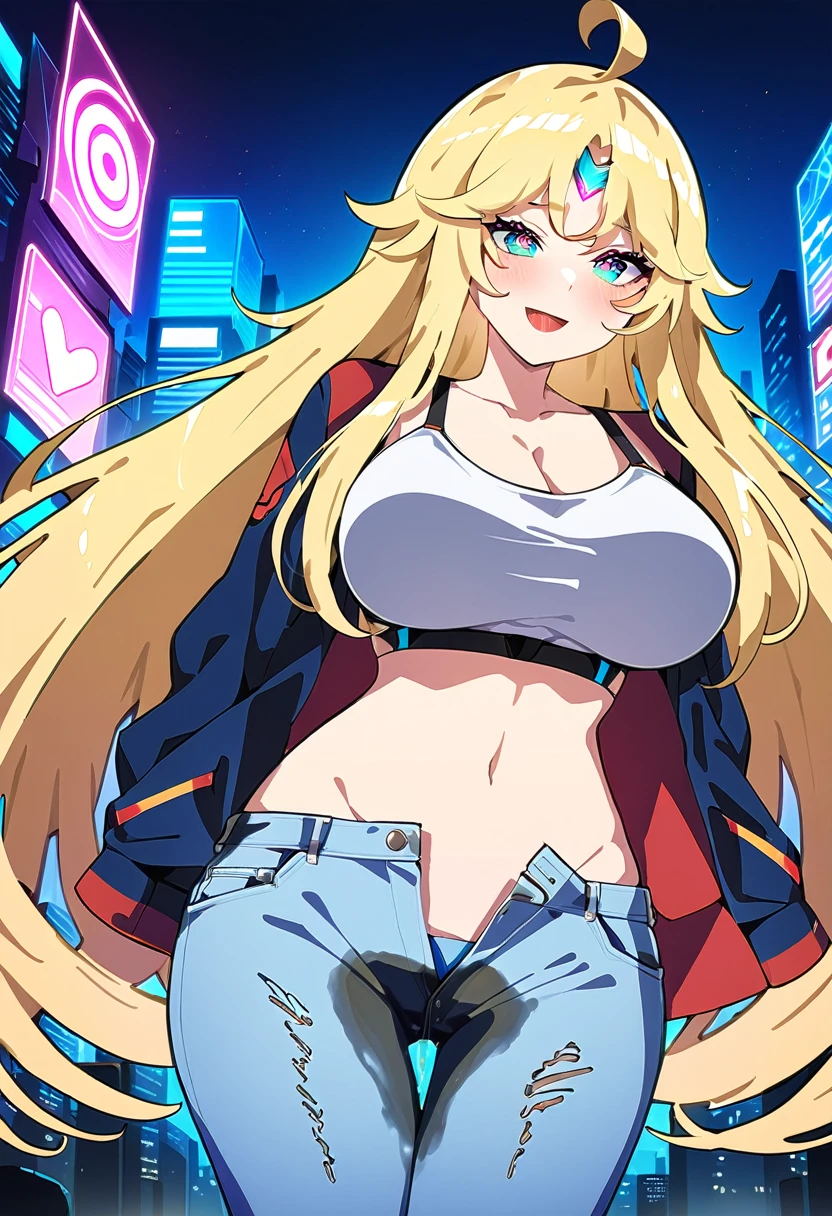 (masterpiece:1.37), best quality, (extremely detailed:1.37), woman, mature, adult, large breasts, very long hair, blonde hair, blue eyes, (extremely detailed eyes:1.37), crop top, cleavage, navel, jeans, open fly, (groin:1.25), desperation, (wetting: self 3.0), standing, city, futuristic, neon lighting, high-tech, street