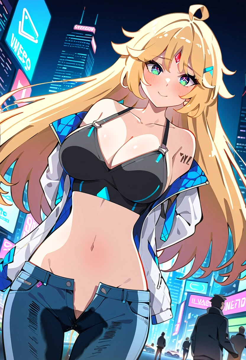 (masterpiece:1.37), best quality, (extremely detailed:1.37), woman, mature, adult, large breasts, very long hair, blonde hair, blue eyes, (extremely detailed eyes:1.37), crop top, cleavage, navel, jeans, open fly, (groin:1.25), desperation, (wetting: self 3.0), standing, city, futuristic, neon lighting, high-tech, street